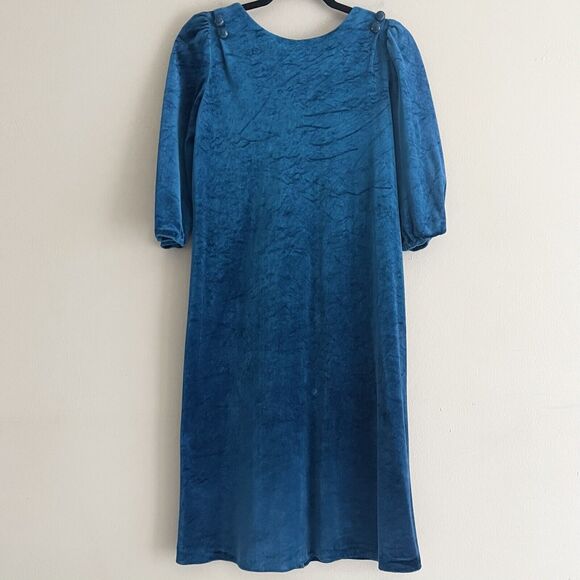 Jodi Michaels Vintage Dress M Back Buttons Puff Sleeves Velvet Turquoise Green - Picture 4 of 16